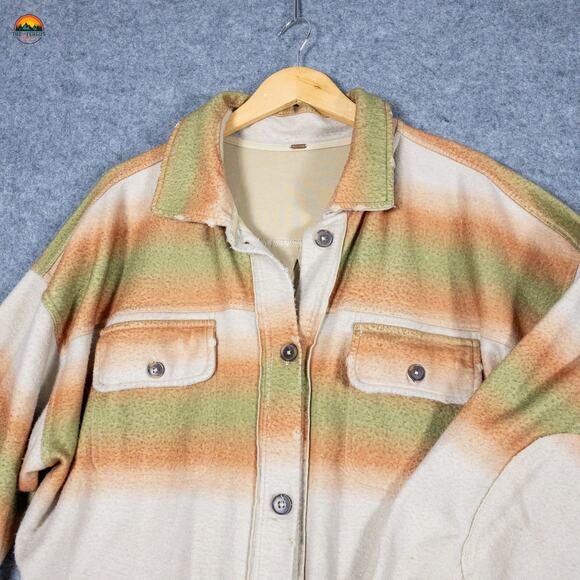Free People Button Front Shacket Beige Green Ombre Stripes Cottage Women's Sz XL - Picture 3 of 13